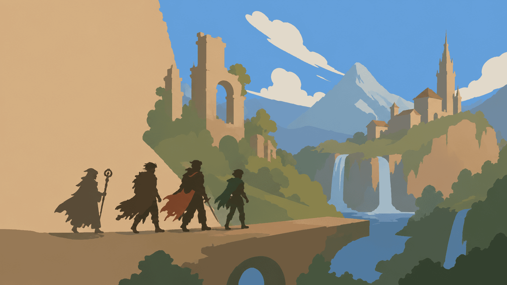 Four adventurers crossing a stone bridge toward a castle above waterfalls, with ruins and mountains beyond