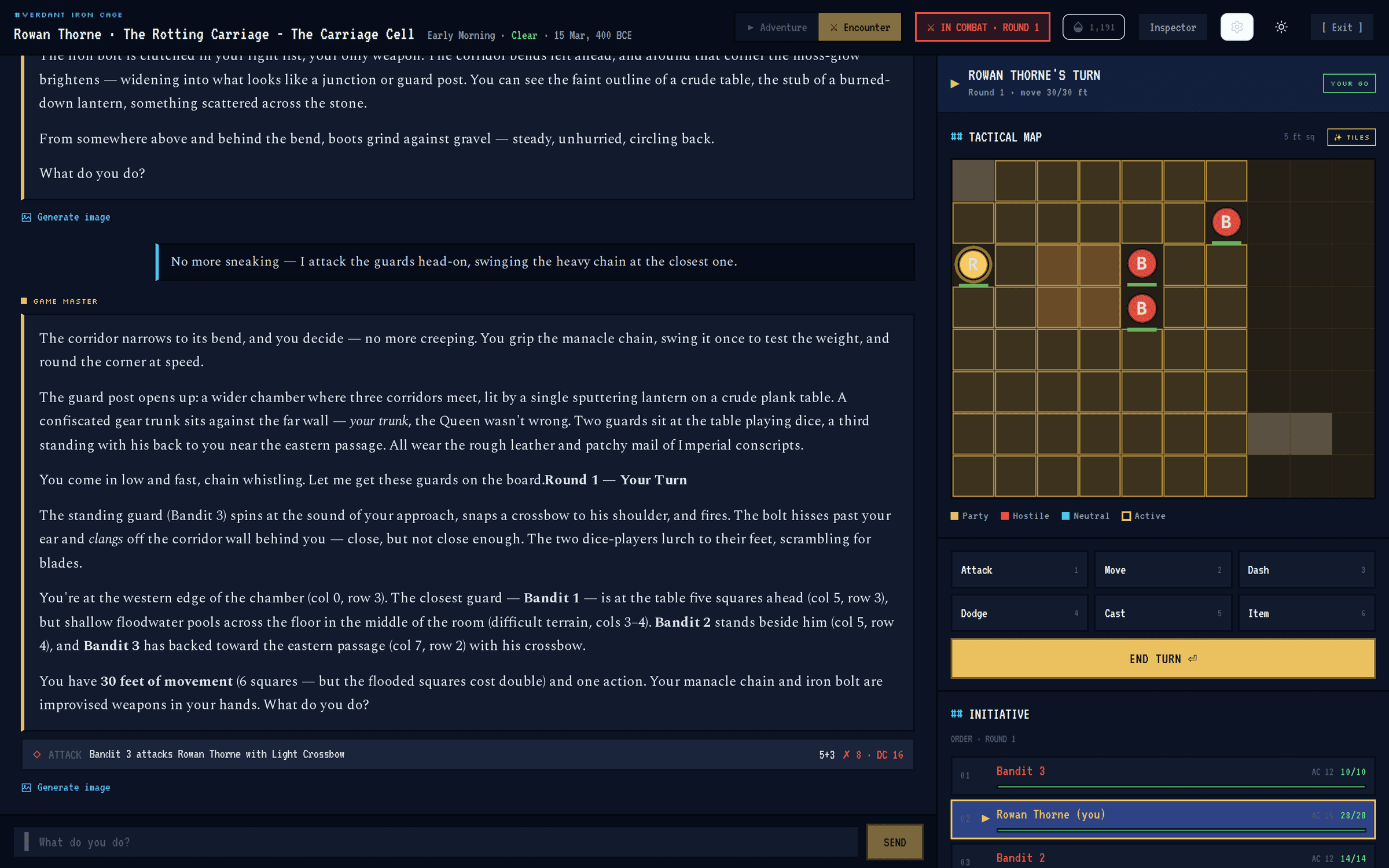 Encounter mode: the Game Master narrates a guard-post ambush on the left while the right panel shows a tactical battle grid with party and hostile tokens, an action bar, and an initiative tracker with hit points