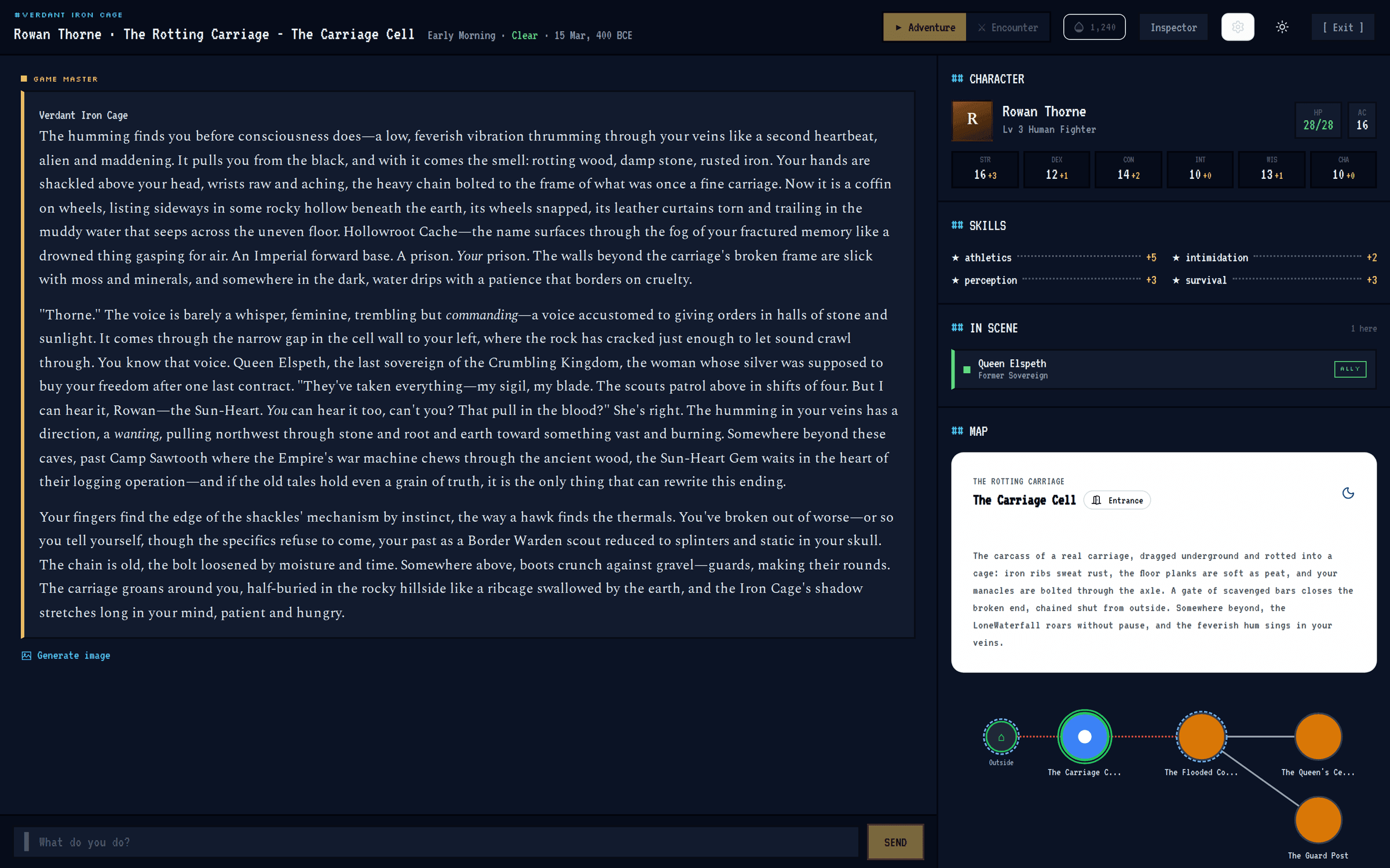 The MyAdventures.AI play screen: the Game Master narrates a prison-break opening while the sidebar tracks the character sheet, skills, an allied NPC in the scene, and a map of connected rooms