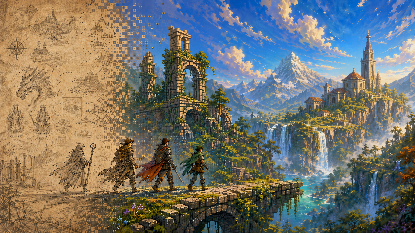 A hand-drawn map dissolving into a living fantasy world as three adventurers cross a bridge
